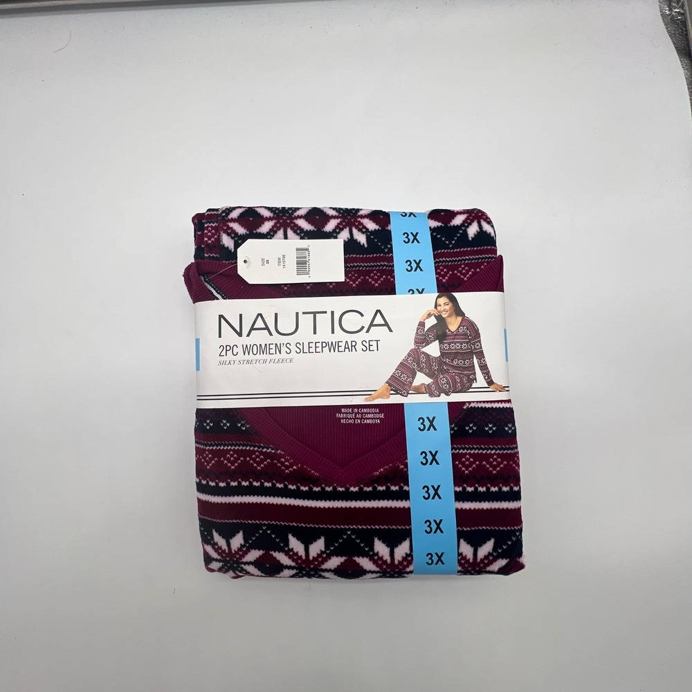 Nautica Womens 3X Pajama Set 2PC Silky Stretch Fleece Fair Isle Purple 1415795